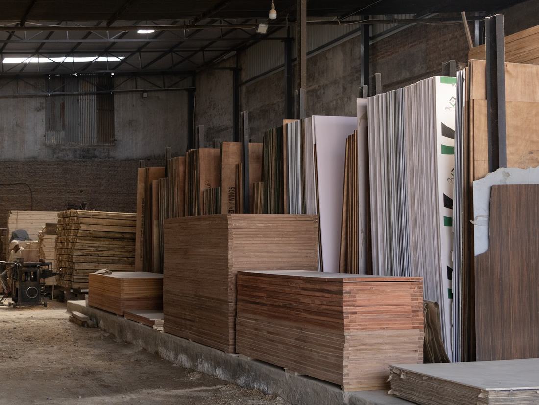 PVC boards and laminated panels on display racks